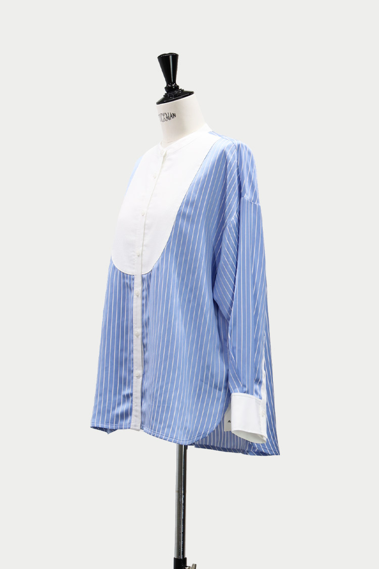 美品　マチャット　タキシードヨーク　ロングシャツ　ストライプ　青白 ストライプヨークシャツ（ブルー） | MACHATT ONLINE STORE
