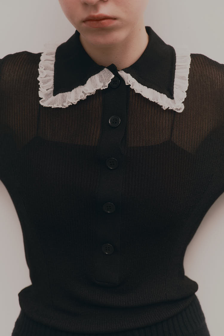 フリルカラーリブニット（ブラック） □激安□MACHATT/マチャット